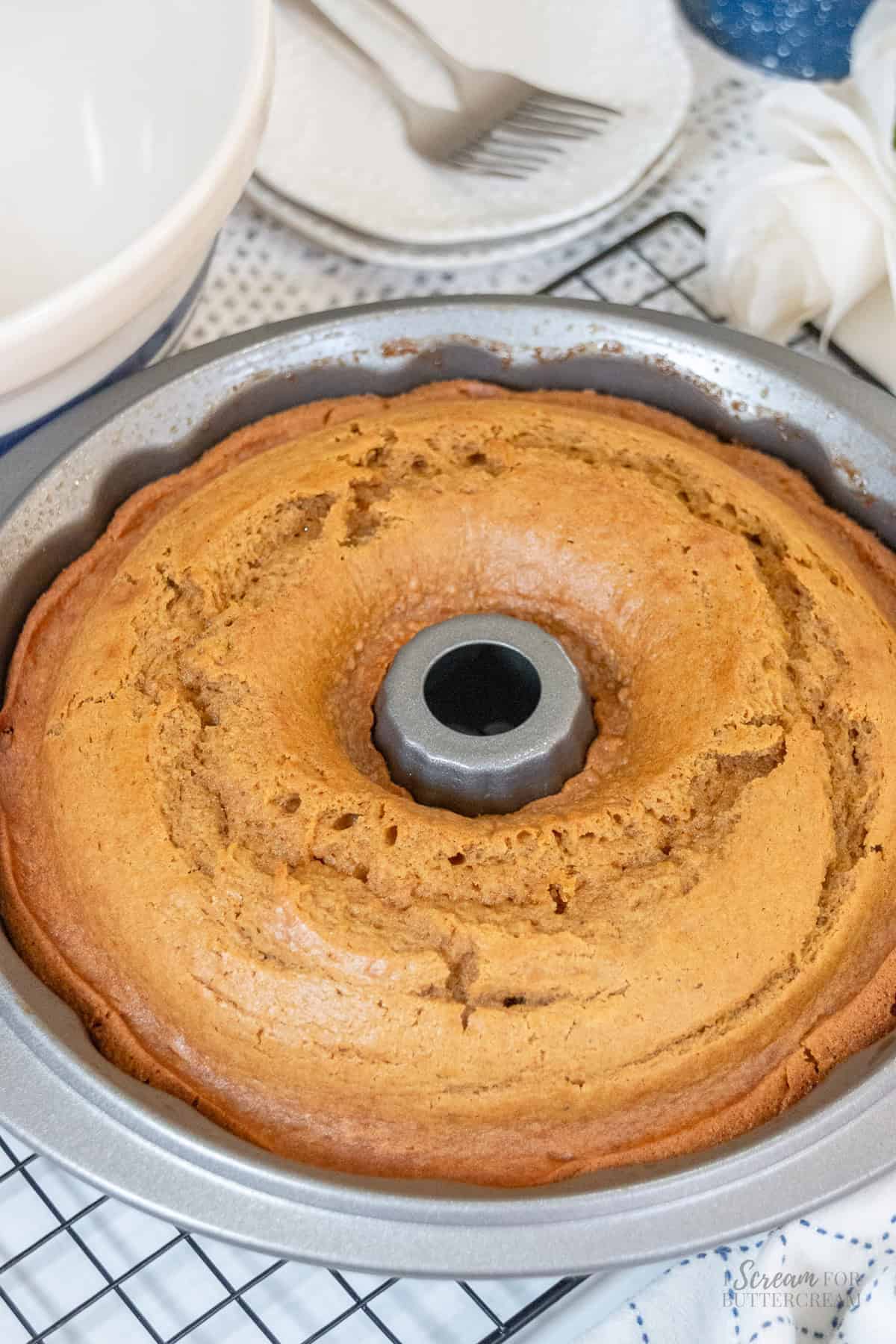 Freshly baked pumpkin spice Bundt cake with a golden-brown crust cooling in its Bundt pan on a wire rack.